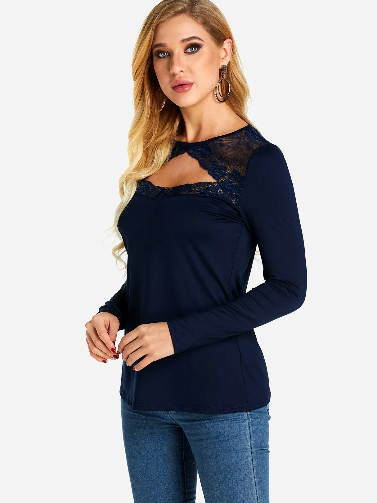 Custom Round Neck Plain Lace Cut Out Long Sleeve T-Shirts