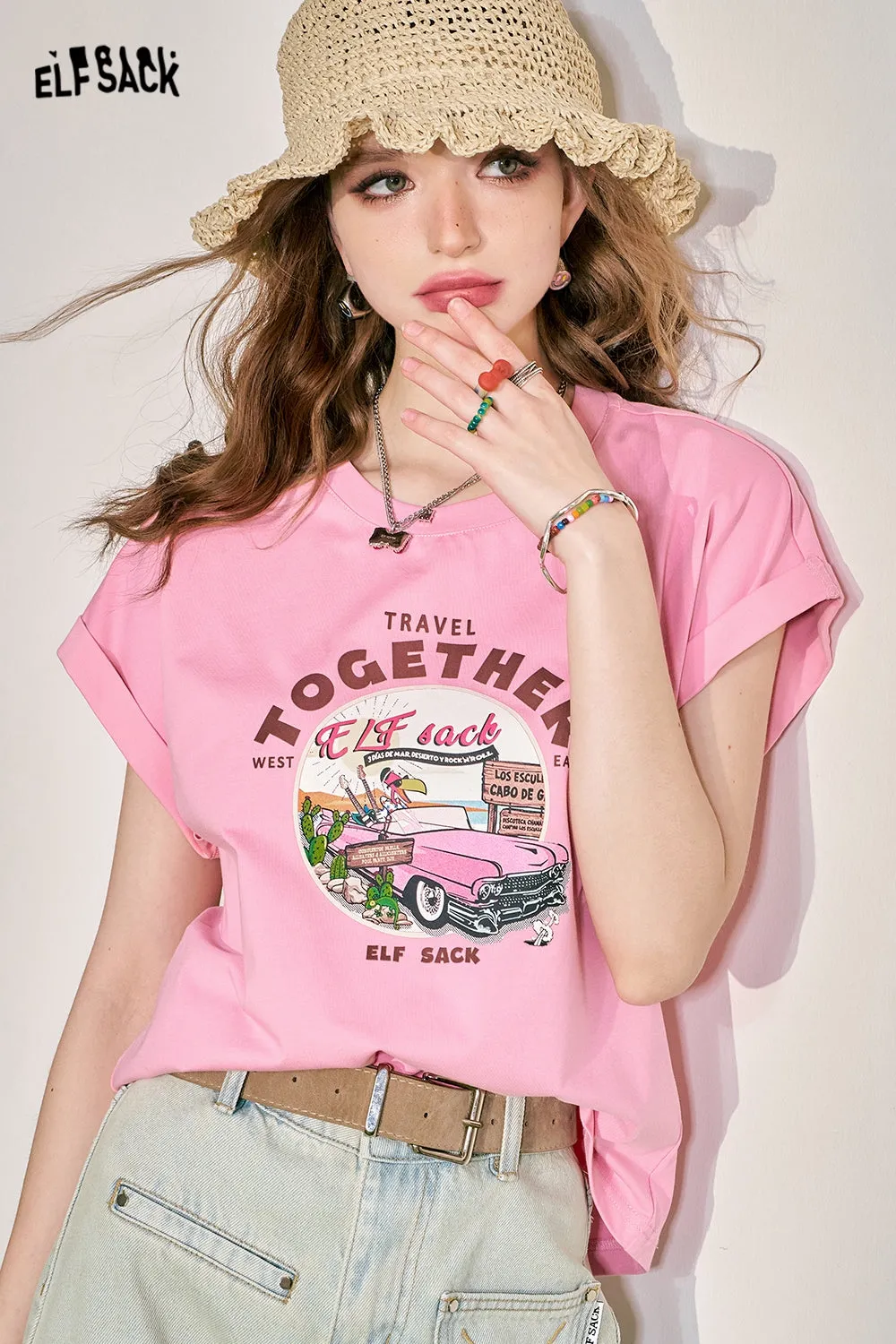 ELFSACK 2024 Summer New Pink Loose Short sleeved T-shirt Women's Cuff Lace Design Slimming Top