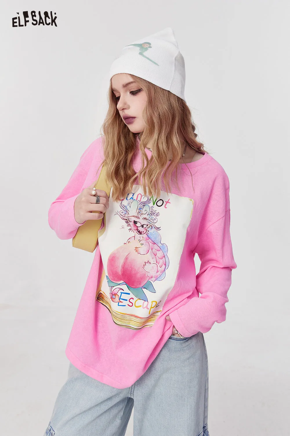 ELFSACK street style crew neck loose printing long sleeve for women 2024 spring new mid long length sweet and playful t-shirt top