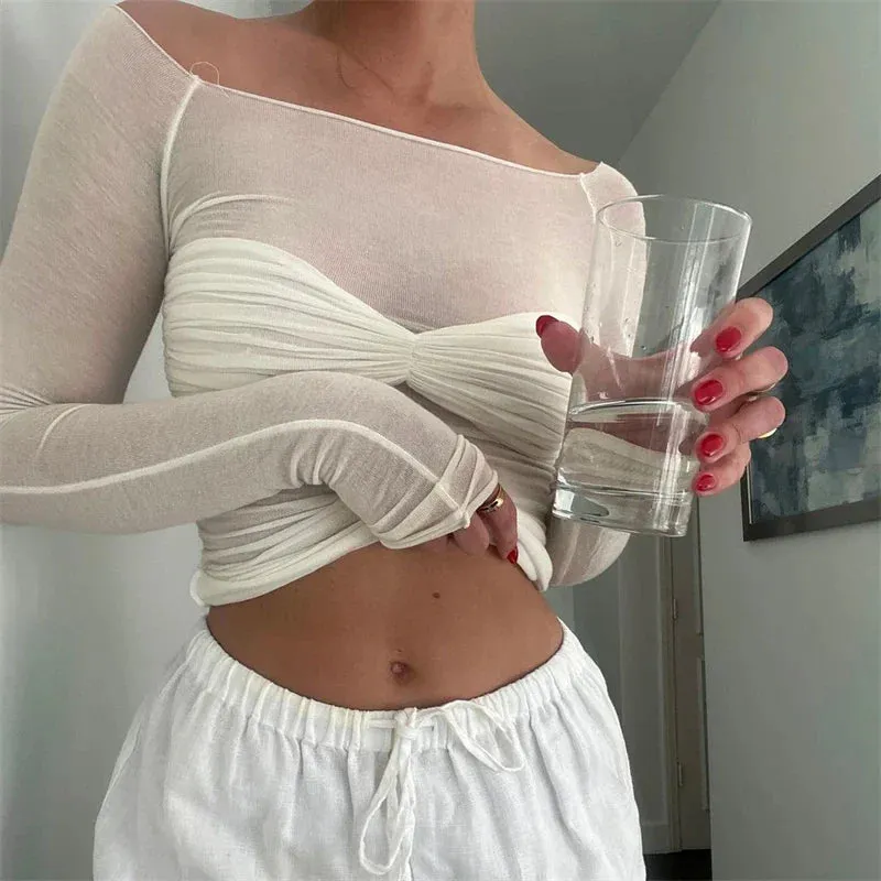Lace Summer Shoulder Knit White Sleeve Long Sheer Twist Off T-shirt